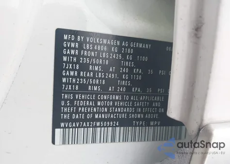 2015 Volkswagen Tiguan Se z USA, uszkodzony, nr VIN WVGAV7AX2FW509924